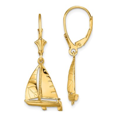 14K Yellow Gold 3D Sailboat Leverback Earrings