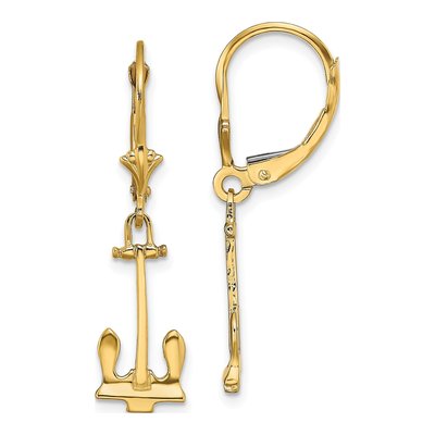 14K Yellow Gold Navy Anchor Leverback Earrings