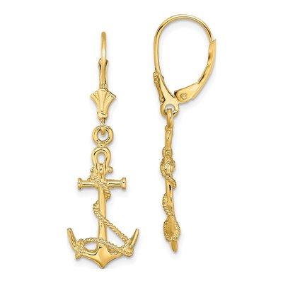 14K Yellow Gold Anchor Rope Leverback Earrings