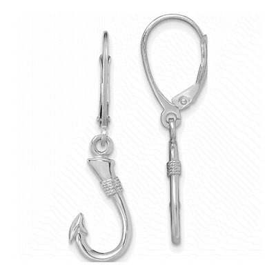 14K White Gold 3D Fish Hook Leverback Earrings
