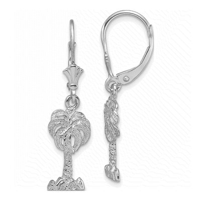 14K White Gold Palm Tree Leverback Earrings