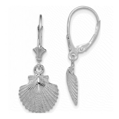 14K White Gold Textured Scallop Shell Leverback Earrings