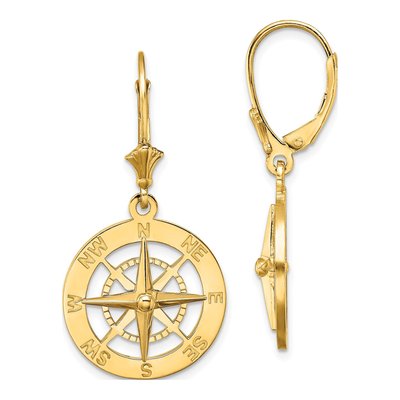 14K Yellow Gold Nautical Compass Leverback Earrings