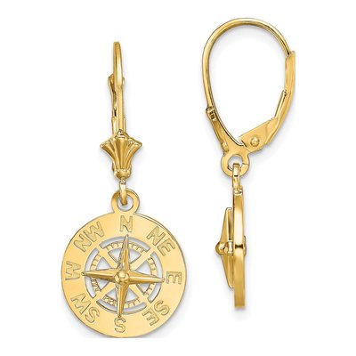 14K Yellow Gold Mini Nautical Compass Leverback Earrings