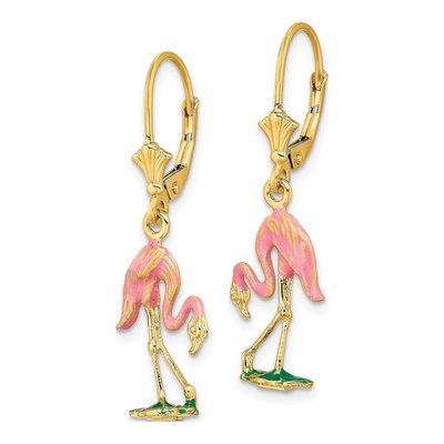 14K Yellow Gold Pink Enamel Flamingo Leverback Earrings – view 2