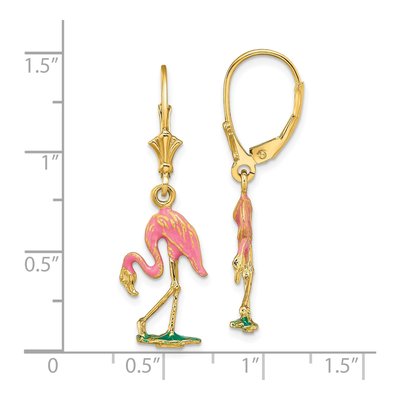 14K Yellow Gold Pink Enamel Flamingo Leverback Earrings – view 4