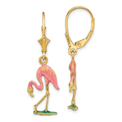 14K Yellow Gold Pink Enamel Flamingo Leverback Earrings