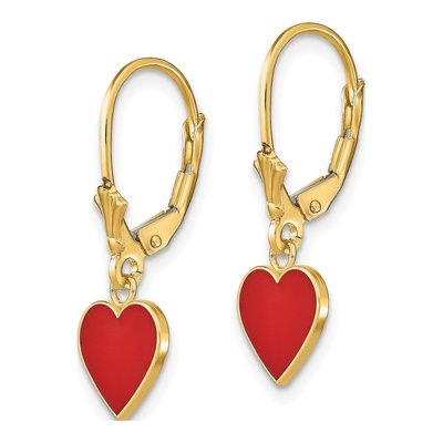 14K Yellow Gold Red Enamel Heart Leverback Earrings – view 2