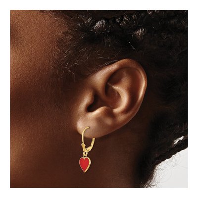 14K Yellow Gold Red Enamel Heart Leverback Earrings – view 3