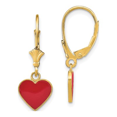14K Yellow Gold Red Enamel Heart Leverback Earrings