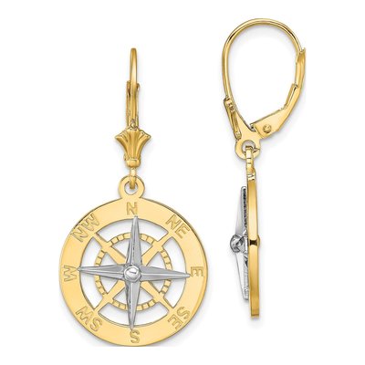 14K Two-Tone Gold Nautical Compass Leverback Earrings
