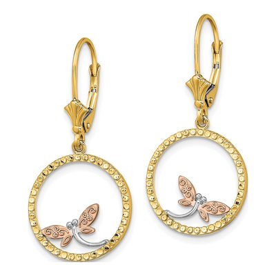 14K Two-Tone Gold Dragonfly Circle Leverback Earrings – view 3