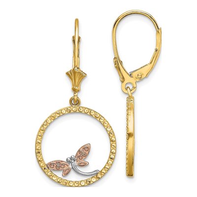 14K Two-Tone Gold Dragonfly Circle Leverback Earrings