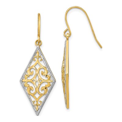 14K Yellow Gold Filigree Diamond-Shape Dangle Earrings