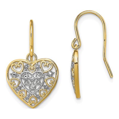 14K Yellow Gold Filigree Heart Dangle Earrings