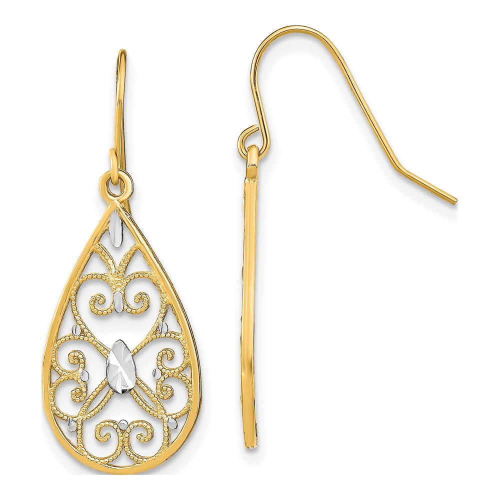 14K Gold Filigree Teardrop Dangle Earrings