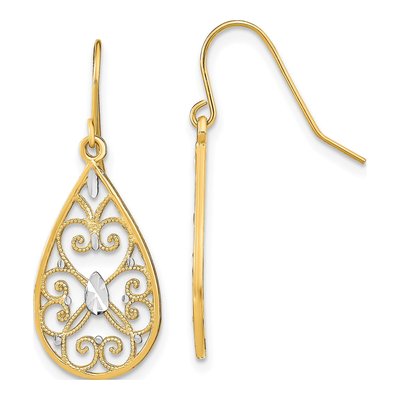 14K Yellow Gold Filigree Teardrop Dangle Earrings