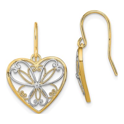 14K Yellow Gold Filigree Heart Dangle Earrings