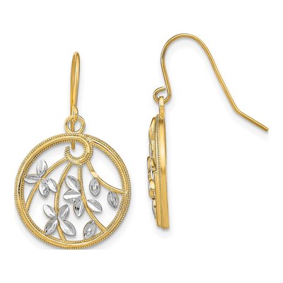 14K Yellow Gold Diamond-Cut Leaf Circle Dangle Earrings