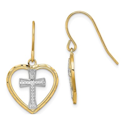 14K Yellow Gold Heart Cross Dangle Earrings