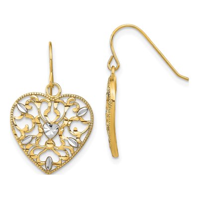14K Yellow Gold Filigree Heart Dangle Earrings
