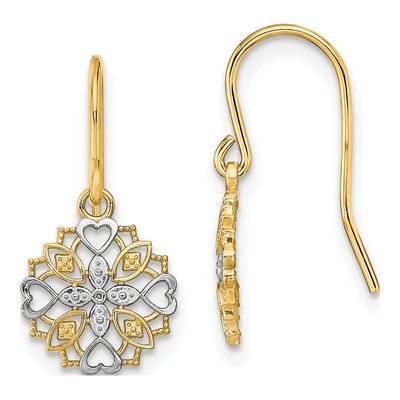 14K Yellow Gold Heart Filigree Dangle Earrings