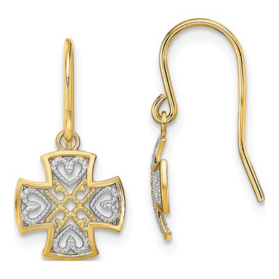 14K Yellow Gold Cross Heart Dangle Earrings