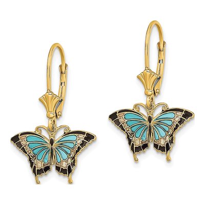 14K Yellow Gold Aqua Black Enamel Butterfly Leverback Earrings – view 3