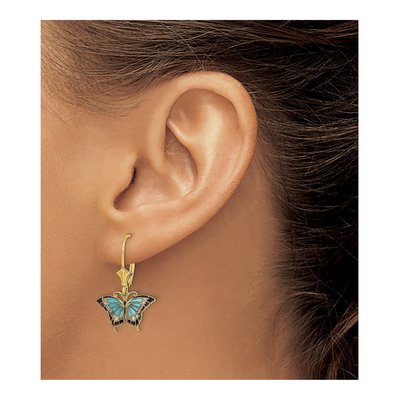 14K Yellow Gold Aqua Black Enamel Butterfly Leverback Earrings – view 4