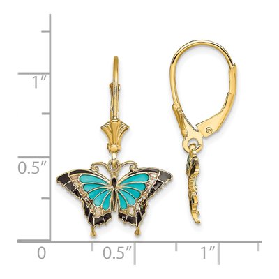14K Yellow Gold Aqua Black Enamel Butterfly Leverback Earrings – view 5