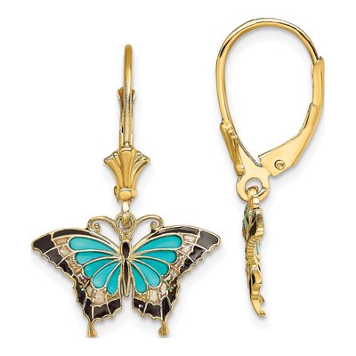 14K Yellow Gold Aqua Black Enamel Butterfly Leverback Earrings