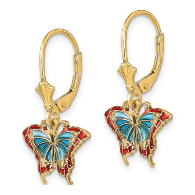 14K Yellow Gold Blue Red Enamel Butterfly Leverback Earrings – view 3