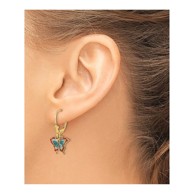 14K Yellow Gold Blue Red Enamel Butterfly Leverback Earrings – view 4