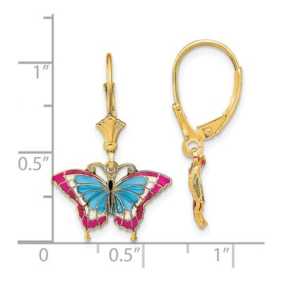 14K Yellow Gold Blue Red Enamel Butterfly Leverback Earrings – view 5