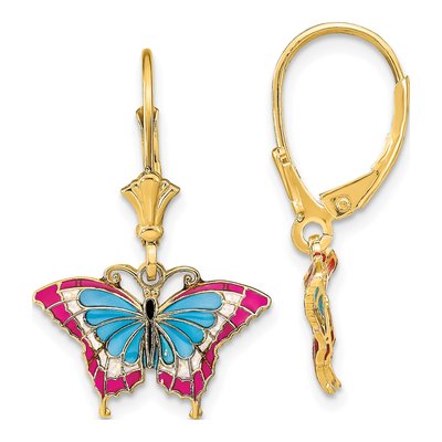14K Yellow Gold Blue Red Enamel Butterfly Leverback Earrings