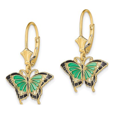 14K Yellow Gold Green Black Enamel Butterfly Leverback Earrings – view 3