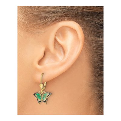 14K Yellow Gold Green Black Enamel Butterfly Leverback Earrings – view 4