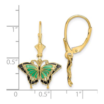 14K Yellow Gold Green Black Enamel Butterfly Leverback Earrings – view 5