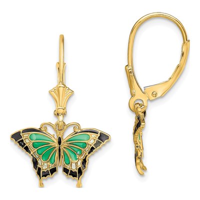 14K Yellow Gold Green Black Enamel Butterfly Leverback Earrings
