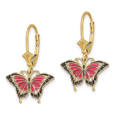 14K Yellow Gold Pink Black Enamel Butterfly Leverback Earrings – view 3
