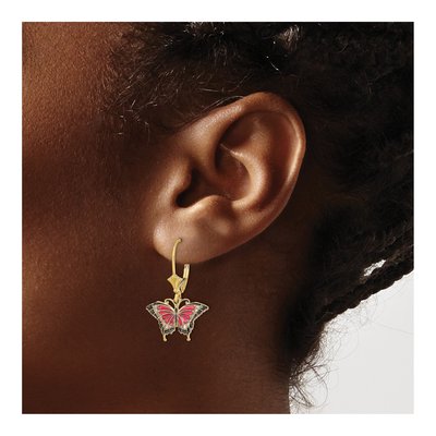 14K Yellow Gold Pink Black Enamel Butterfly Leverback Earrings – view 4