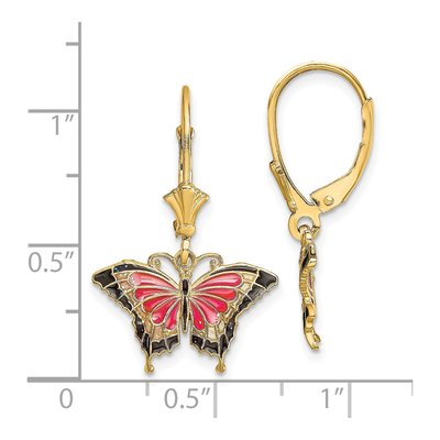 14K Yellow Gold Pink Black Enamel Butterfly Leverback Earrings – view 5