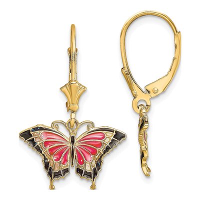 14K Yellow Gold Pink Black Enamel Butterfly Leverback Earrings