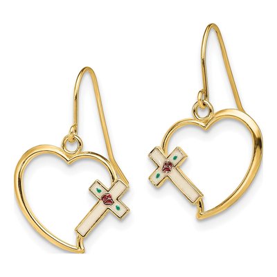 14K Yellow Gold Enamel Cross Heart Dangle Earrings – view 3