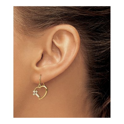 14K Yellow Gold Enamel Cross Heart Dangle Earrings – view 4