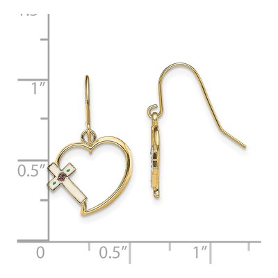 14K Yellow Gold Enamel Cross Heart Dangle Earrings – view 5