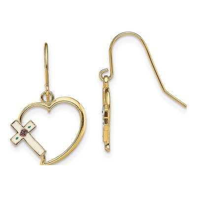 14K Yellow Gold Enamel Cross Heart Dangle Earrings
