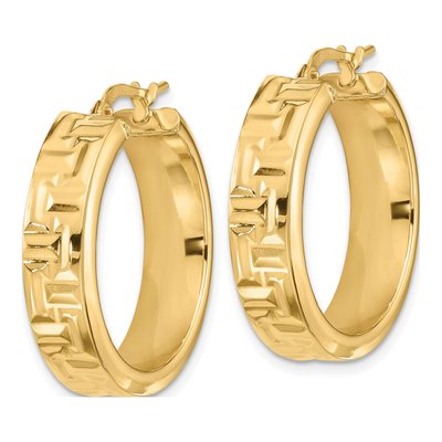 14K Yellow Gold 27mm Textured Aztec Pattern Hoop Earrings – view 2