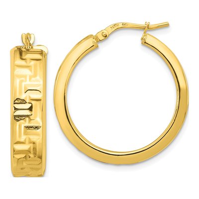 14K Yellow Gold 27mm Textured Aztec Pattern Hoop Earrings