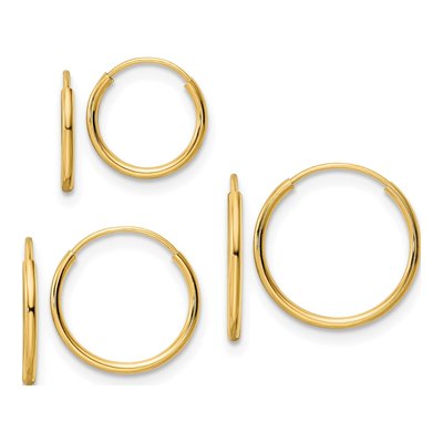 14k Yellow Gold Endless Hoop Earring Set, 3 Pairs
